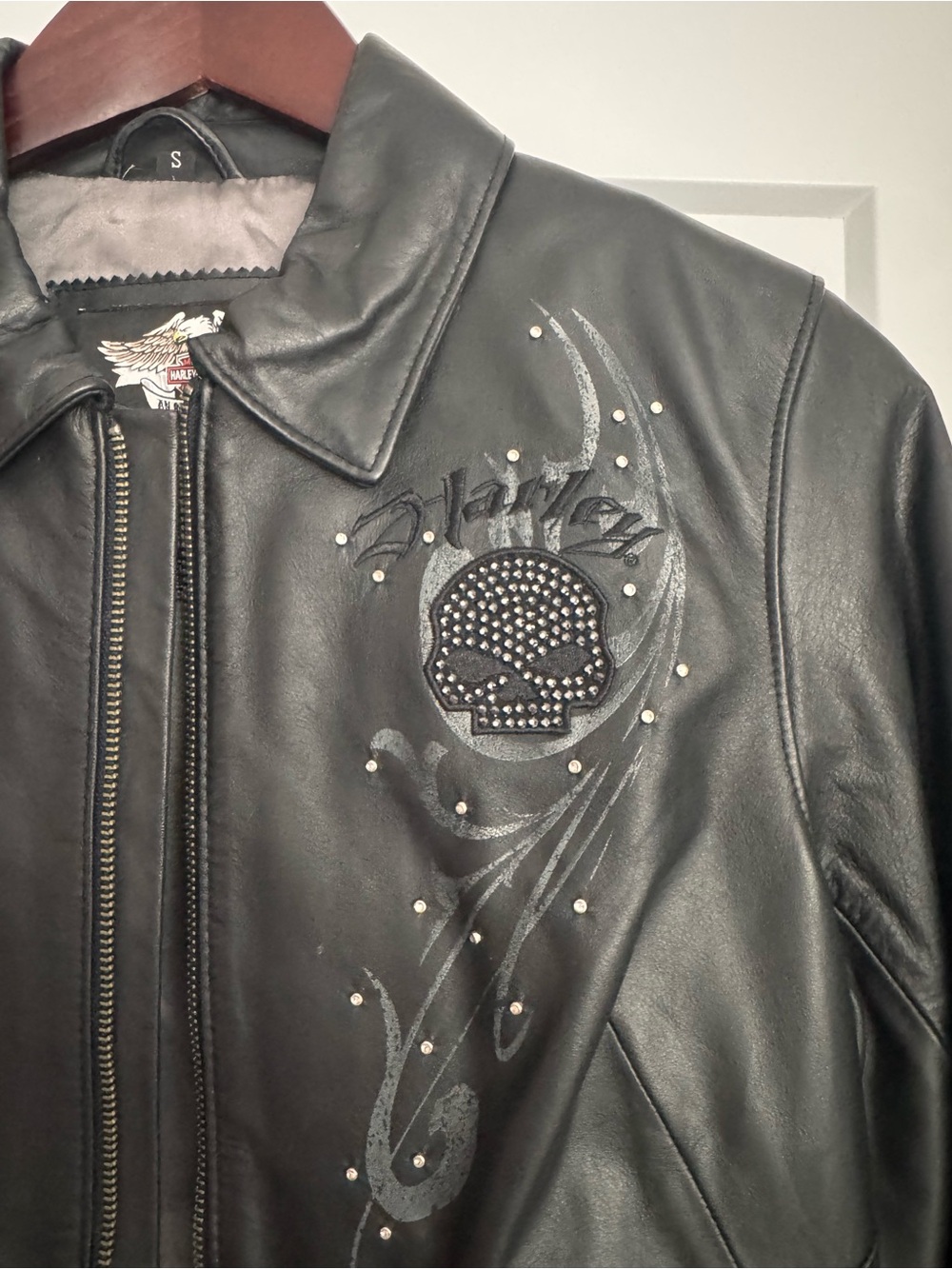 Harley-Davidson Black Leather Studded Skull Embellished Jacket